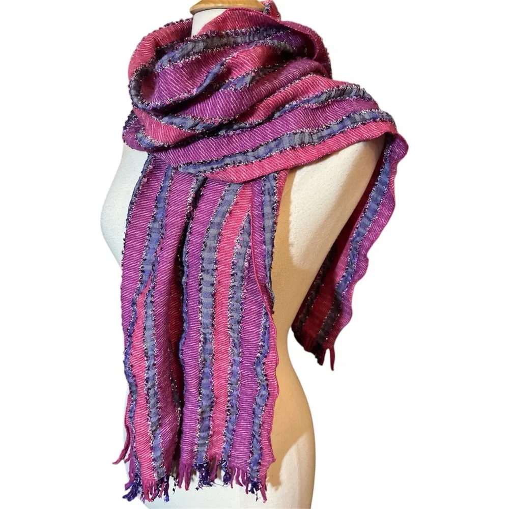 Per Una Pink,Purple Striped Cotton & Wool Blend Scarf  metallic fringe 13”Wx69”L